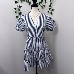 Zara Navy and White Striped Picnic Dress with Puff Sleeves Size Small, Spring